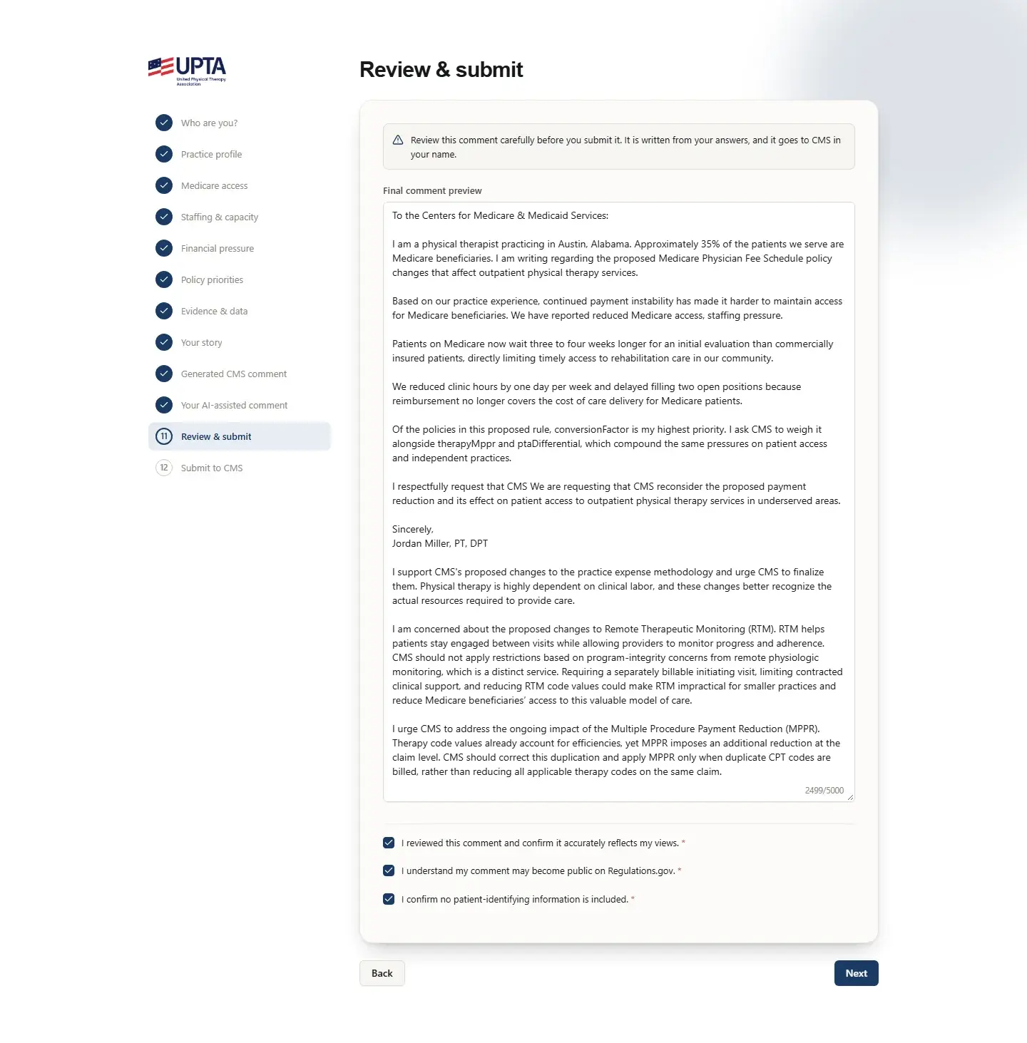 Review, consent and Regulations.gov handoff