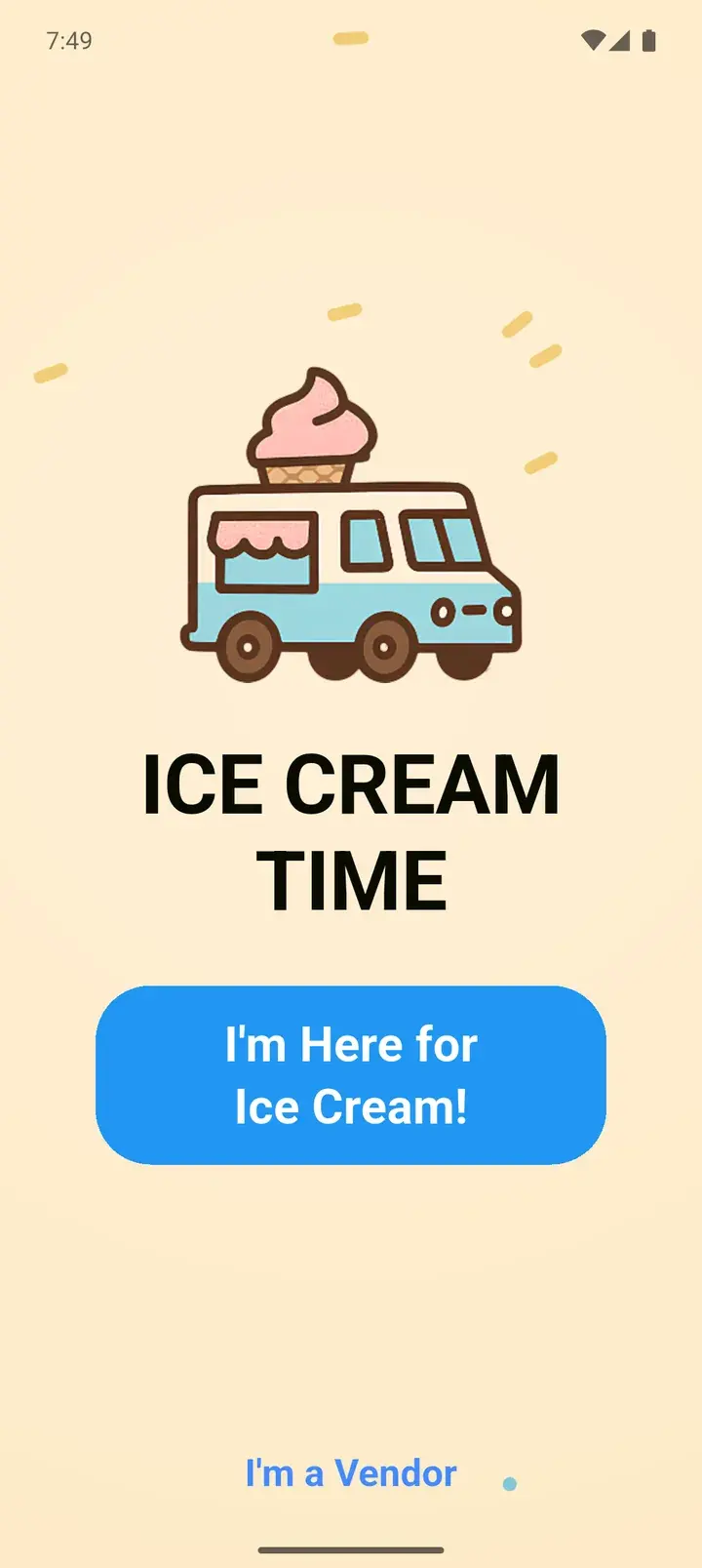 Welcome screen with customer and vendor paths