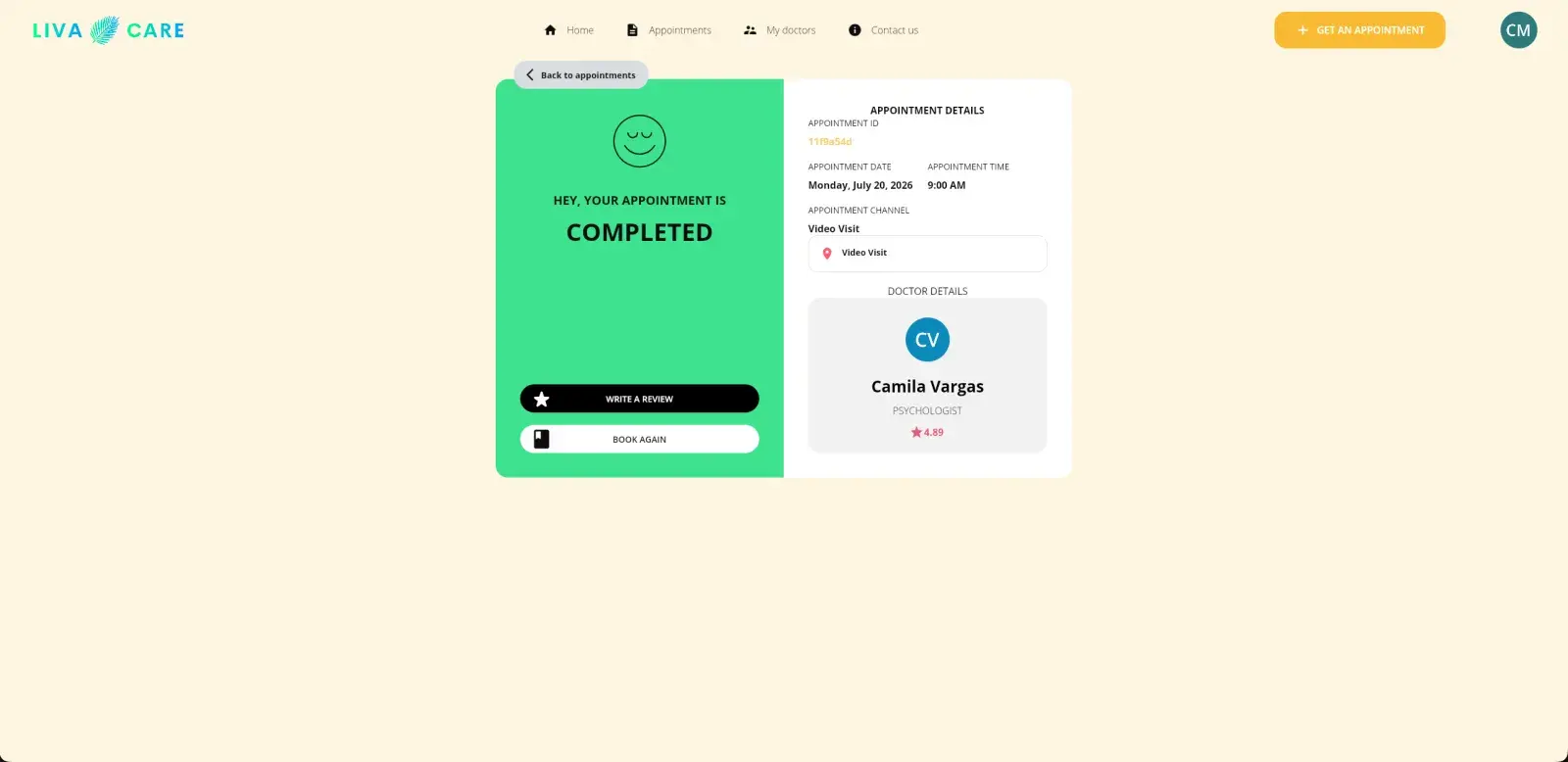 Completed visit summary with re-booking