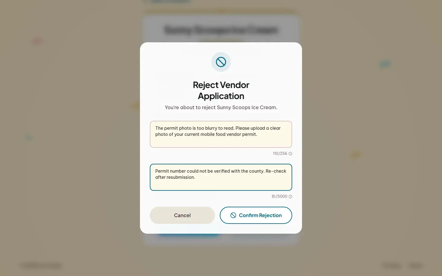Reject dialog with public and private notes