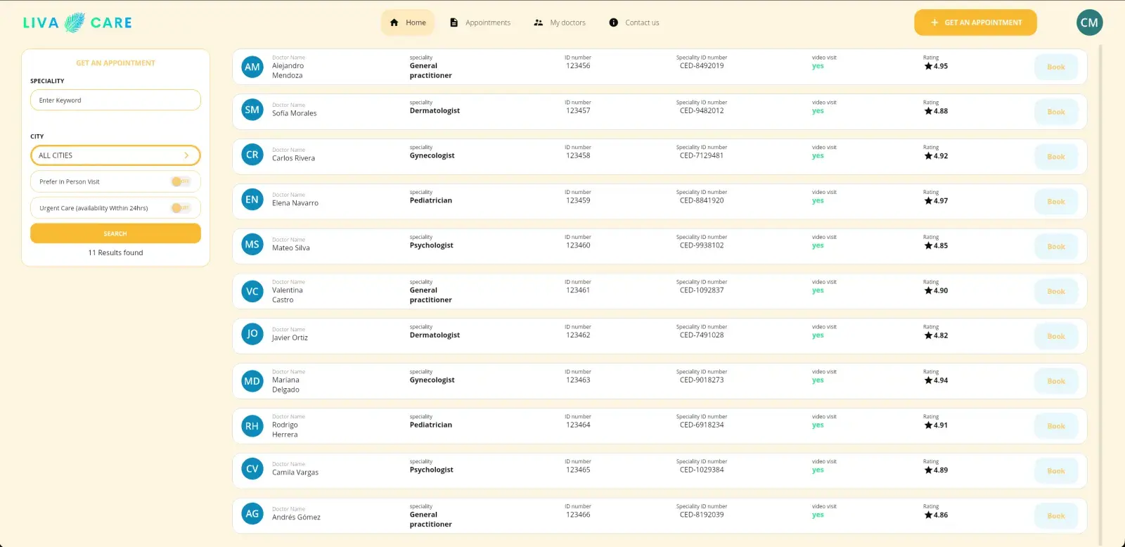 Doctor search with specialty and visit type filters