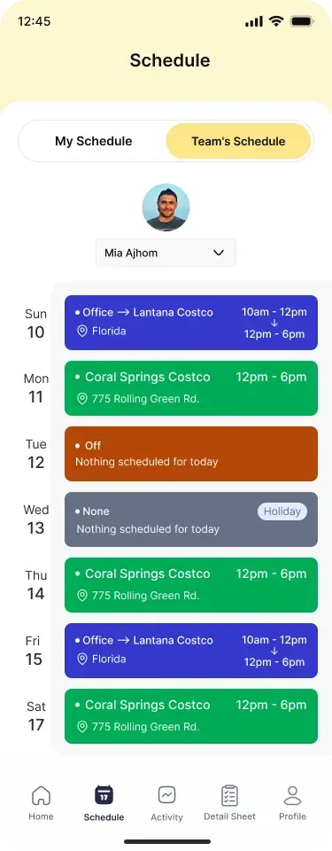 Rep app with the weekly schedule