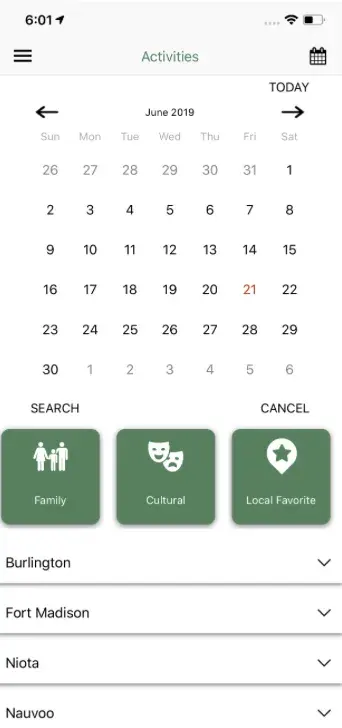 Activities filtered by date and city