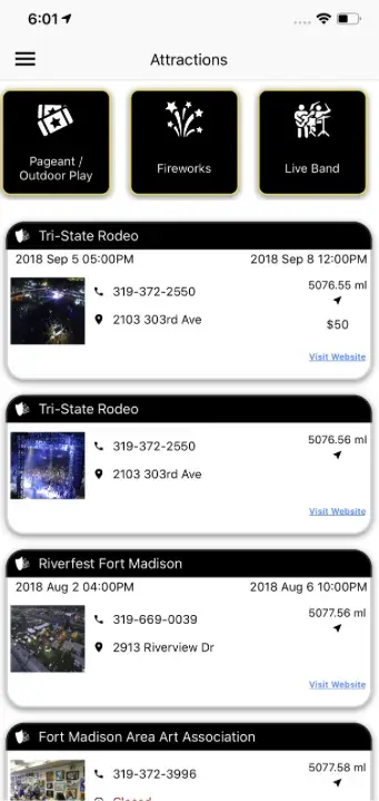 Attractions with dates and prices